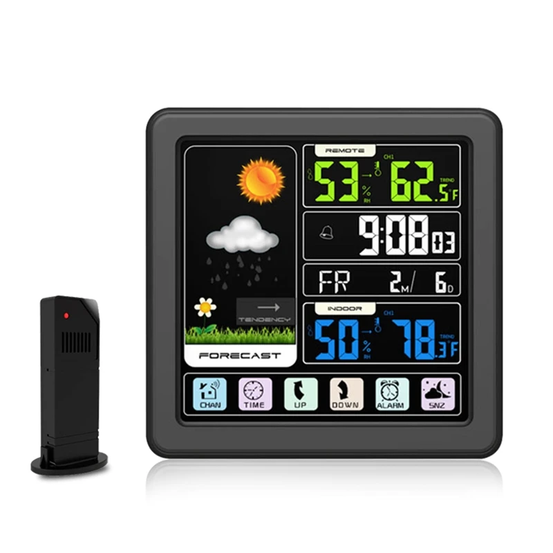 Black Home Weather Forecast Station Atomic Clock Digital Touch Screen Indoor Outdoor Thermometer Wireless Temperature Humidity Monitor with Backlight and Calendar BALDR Weather Station