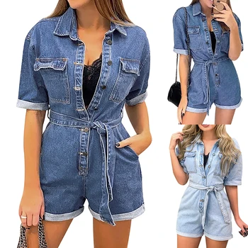 

Fashion Women Denim Playsuits Sexy Lapel Short Sleeve Pocket Belt Short Jumpsuit Chic Ladies Button Jeans Romper Summer Overalls
