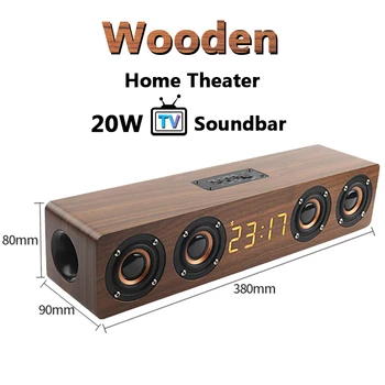 

20W Wooden TV Soundbar Portable Bluetooth Speaker Wireless Column Home Theater Bass Stereo Multi-function Subwoofer with TF FM