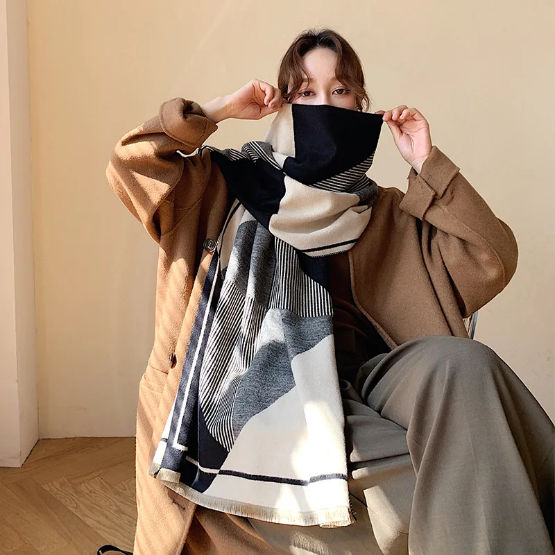 

2019 new arrival imitated cashmere square scarves women geometric stripe blanket scarf lady winter thick warm shawl brand scarf