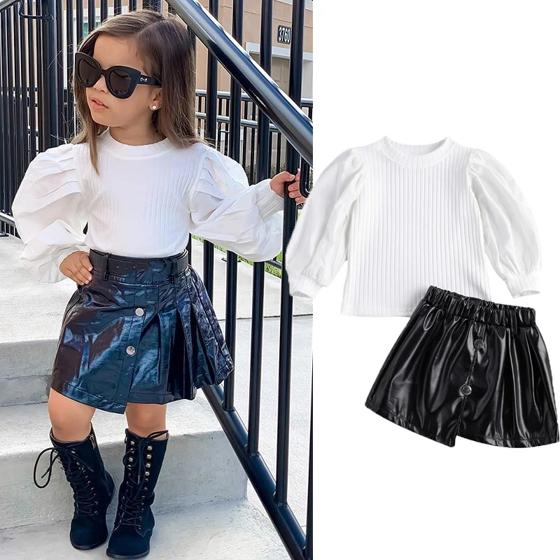 FOCUSNORM 1-6Y Kids Baby Girls Fashion Clothes Sets 2pcs Knit Solid Long Puff Sleeve Top and Leather Skirt | Мать и ребенок