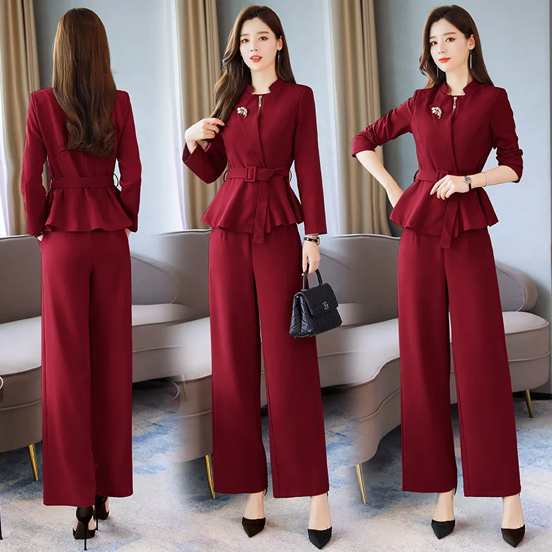 wine red Новинка, деловой женский костюм из двух частей, деловой стиль, повседневный стиль, элегантный облегающий блейзер+ широкие брюки, комплект из двух предметов - Цвет: wine red