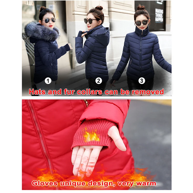 New Winter short Women Winter Jacket Womens Parkas Gloves warm detachable fur collar detachable hat Slim coat Snow loading
