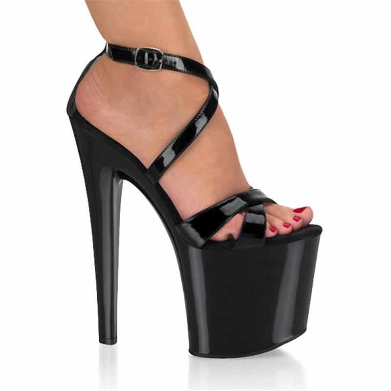 

Hot Sale Matrue Wedding 20cm Black Thin High Heels Woman's Shoe Open-toes Ankle-buckle Thick Platform Plus Size Sandals