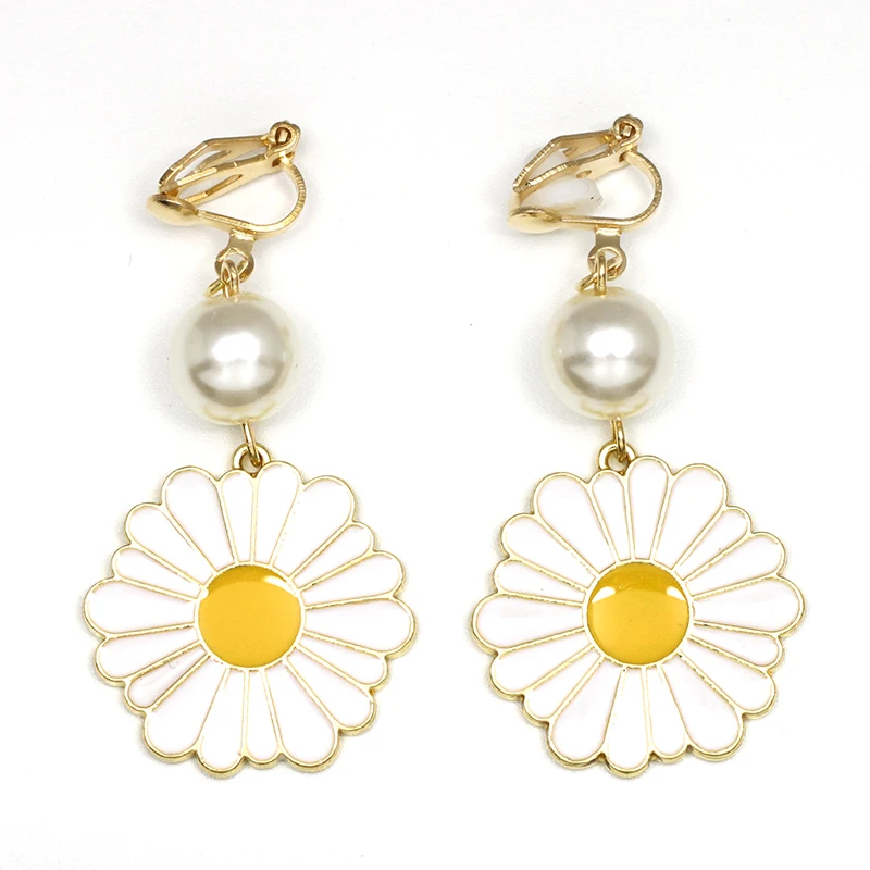 

White&Yellow Flower Earrings No Hole Ear Clips Sun Flower Clip Earring Without Piercing Women Long Earring Jewelry CE349