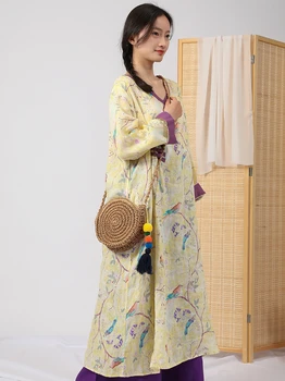 

Chinese retro style irregular collar long sleeve floral design women one piece dress
