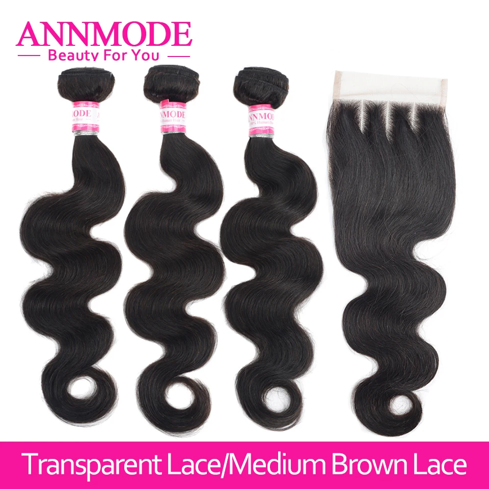 

Malaysian Body Wave 3/4pc Human Hair Extensions With Closure 4x4 Transparent Lace Closure With Bundles Non Remy Annmode Hair