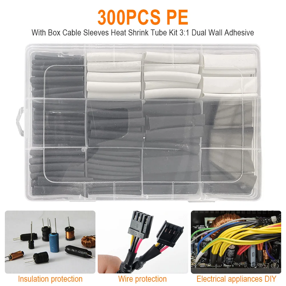 

300pcs Dual Wall Adhesive With Box Heat Shrink Tube Kit Assortment PE Wire Wrap Waterproof Electrical 3:1 Sealing Cable Sleeves