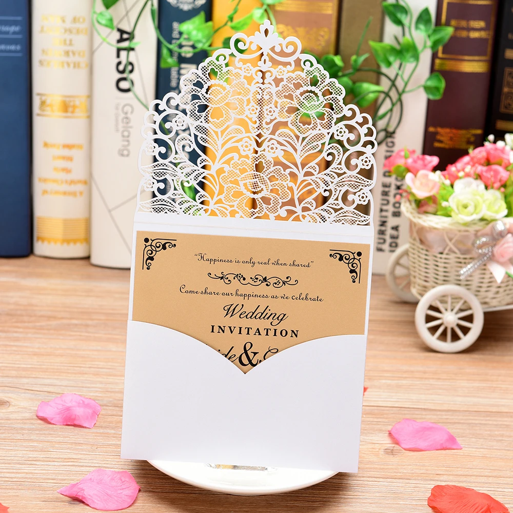  10pcs Floral Pattern Wedding Invitations Cards Pearl Paper Wedding Cards Invitation with Blank Inne - 4.00032E+12