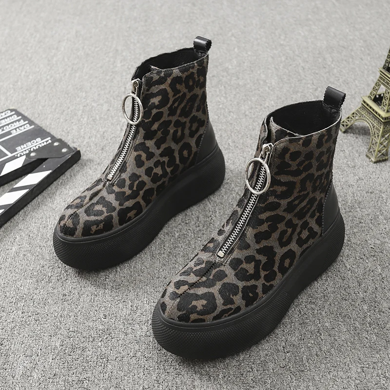 

Koovan Women's Boots 2020 New Style Autumn Winter Shoes British Leather Horse Hair Leopard Platform Boots Front Zipper Shoes
