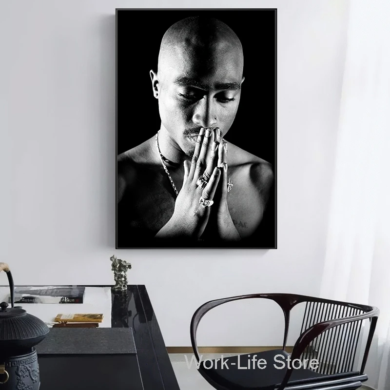 Черно-белый 2PAC молитвенный постер на холсте Настенный декор в стиле хип-хоп
