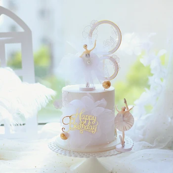 

Romantic Chiffon Yarn skirt Ballet Girls Lace Flower Acrylic Cake Topper Happy Birthday Wedding Party Decoration Love Gift