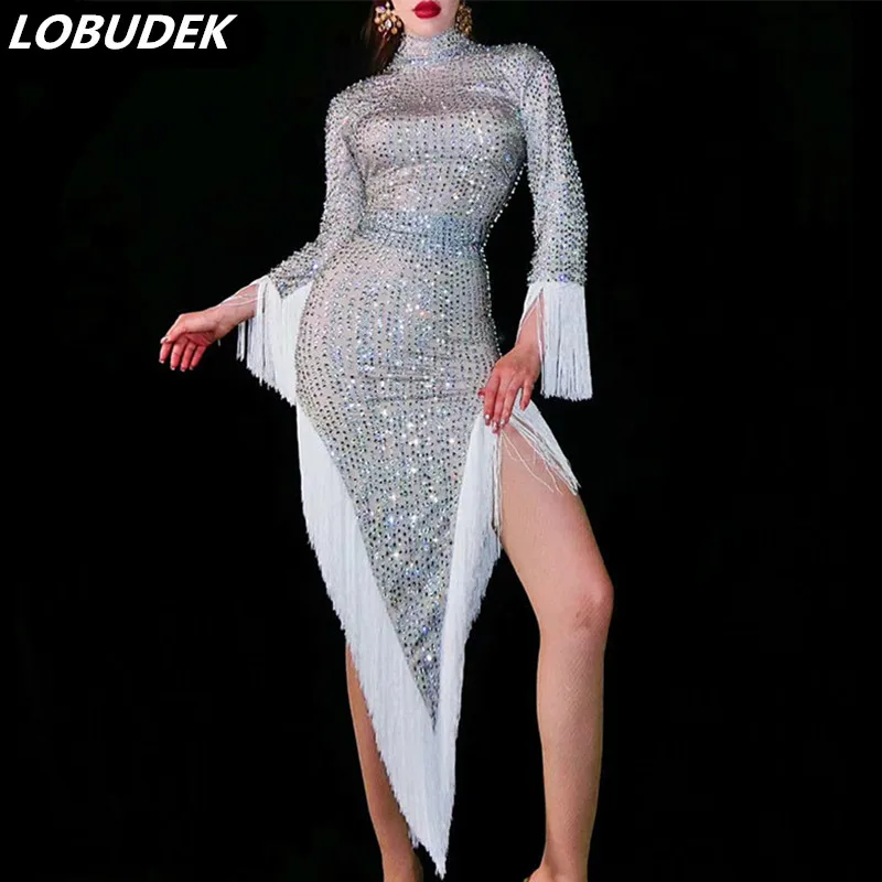 

Long Sleeve Full Rhinestones Fringes Split Dress Sexy Fashion Women Evening Performance Dress Prom Costume Latin Crystals Dress