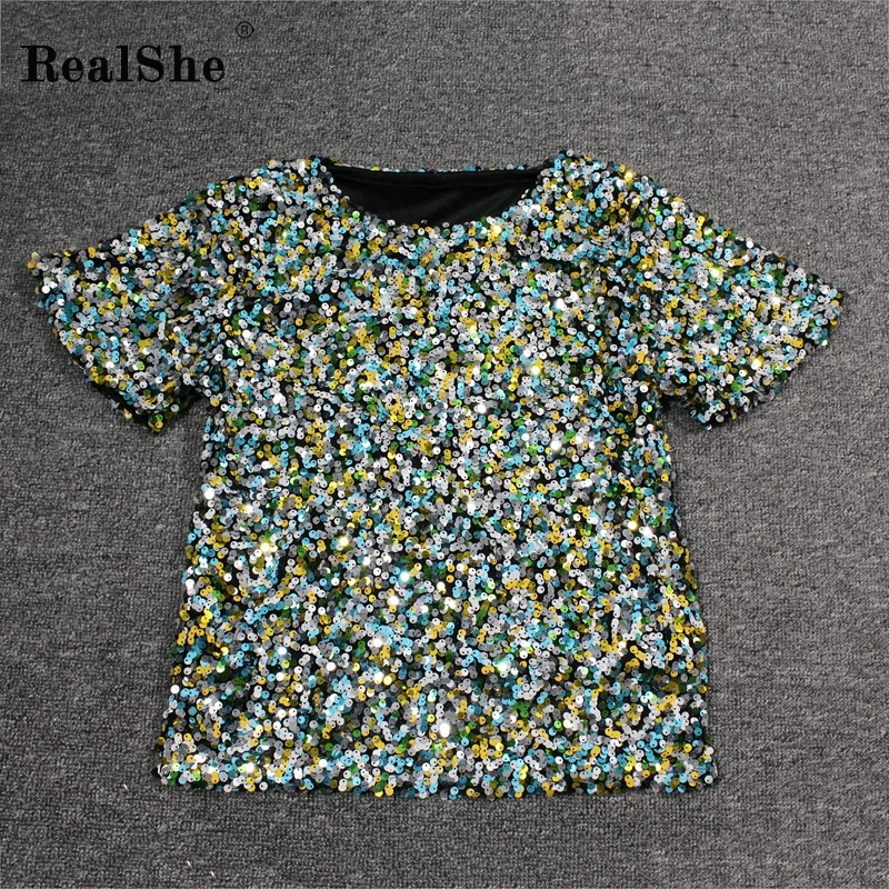 RealShe Tshirt Women O-Neck Short Sleeve Sequins T Shirt Women Summer Casual Elegant T-shirt Femme Fashion Women's T-shirts - Цвет: t shirt women 3