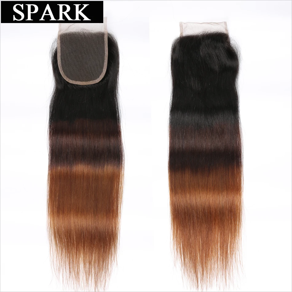 

Spark Brazilian Hair Human Hair Straight Ombre Lace Closure 1B/4/30&27 Free Part Middle Part Three Part 4''x 4'' Lace Closure