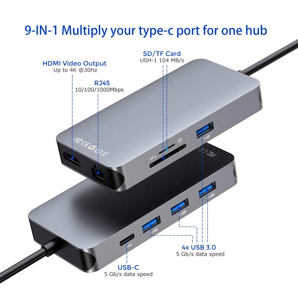 USB C концентратор, 9 в 1 USB C к HDMI и RJ45 Gigabit Ethernet концентратор с 4 USB3.0 портами, SD/TF кард-ридер и USB C зарядный порт, Тип C