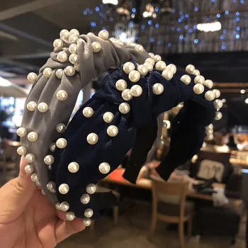 

New Women Hair Band Soft Velvet Faux Pearl Center Knot Wide Hairband for Daily Wear SCI88
