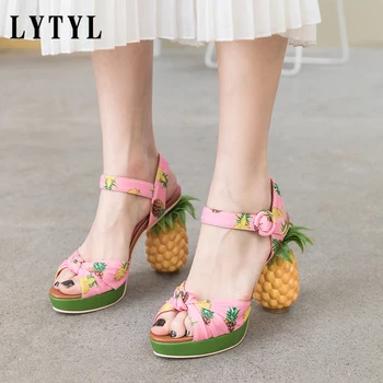 

12cm High Heels Sandals Women Beach Style Pineapple Print Platform Wedge Shoes Fish Toe Pumps Mujer Genuine Leather Shoes E0-04