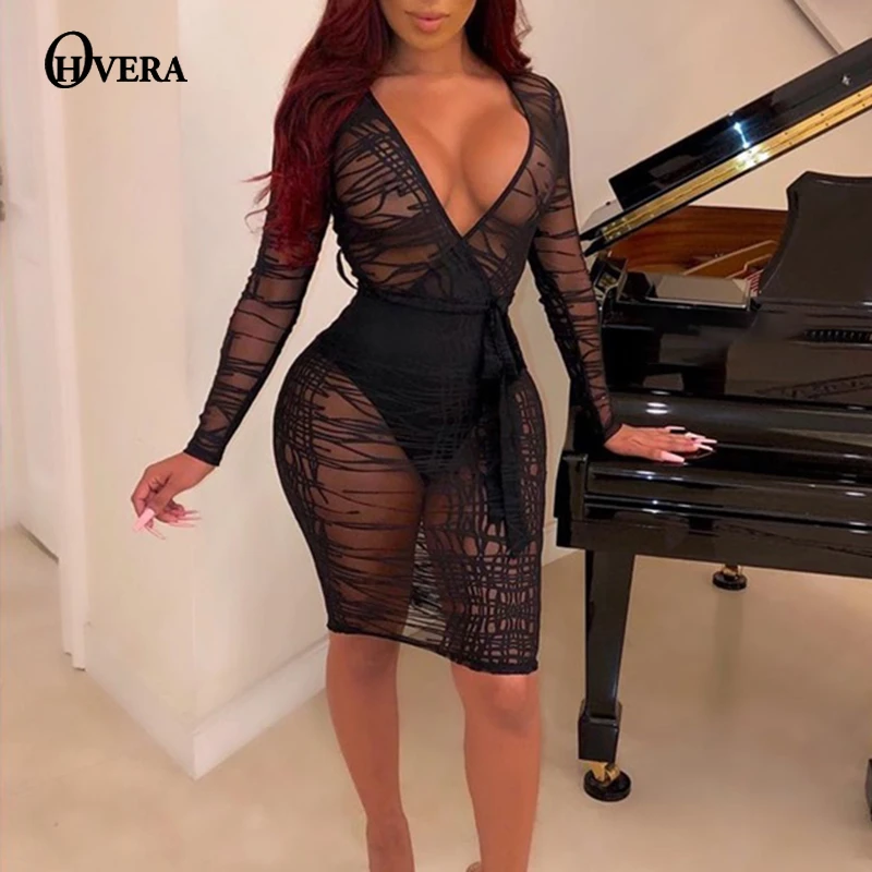 

Ohvera Black Striped See Through Sexy Dress Women Off Shoulder Bodycon Dress Deep V Neck Mini Autumn Winter Dresses 2019