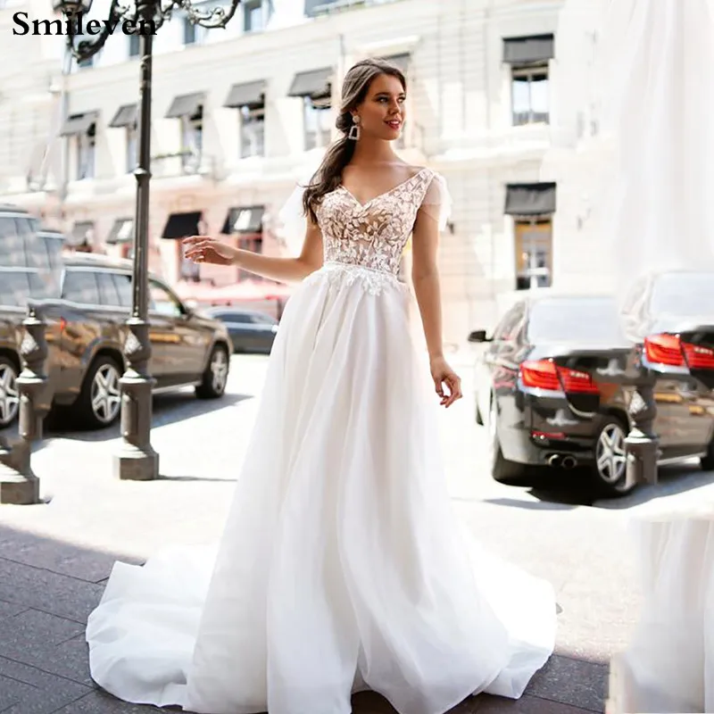 

Smileven Lace Mermaid Wedding Dress Boho Appliques Bride Dresses Sexy V Neck Vestidos De noiva Wedding Gowns 2020