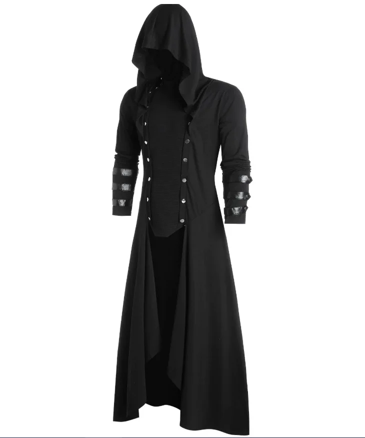 Mens Coat Long Jacket Gothic Steampunk Cloak Hooded Trench Medieval ...