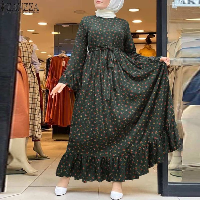 Women Muslim Long Dress Loose Robe Casual Print Maxi Sundress