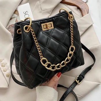 

Casual Fashion Shoulder Bags PU Leather Women Handbag Bucket Chain Plaid Bags