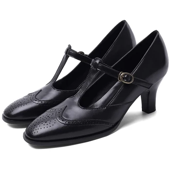 

SARAIRIS Female Vintage Genuine Leather Pumps Office Fashion Pumps Women Spring Retro Med Heels t-strap Shoes Woman