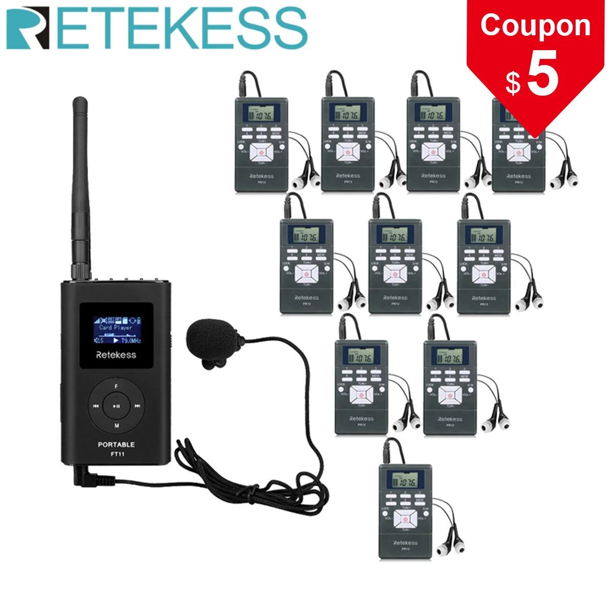 1 FM Transmitter FT11+10Pcs FM Radio Receiver PR13 Wireless Voice Transmission System For Guiding Church Meeting Training