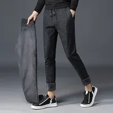 Мужские зимние эластичные плотные джинсы с флисовой подкладкой прямые джинсы Модная бархатная одежда мужские джинсовые брюки классические мужские брюки