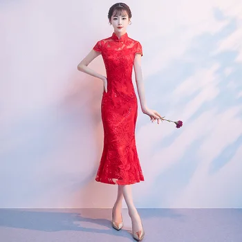 

Red Vintage Bride Wedding Evening Party Dress Classic Women Elegant Mermaid Cheongsam Sexy Slim Lace Qipao Vestidos De Festa