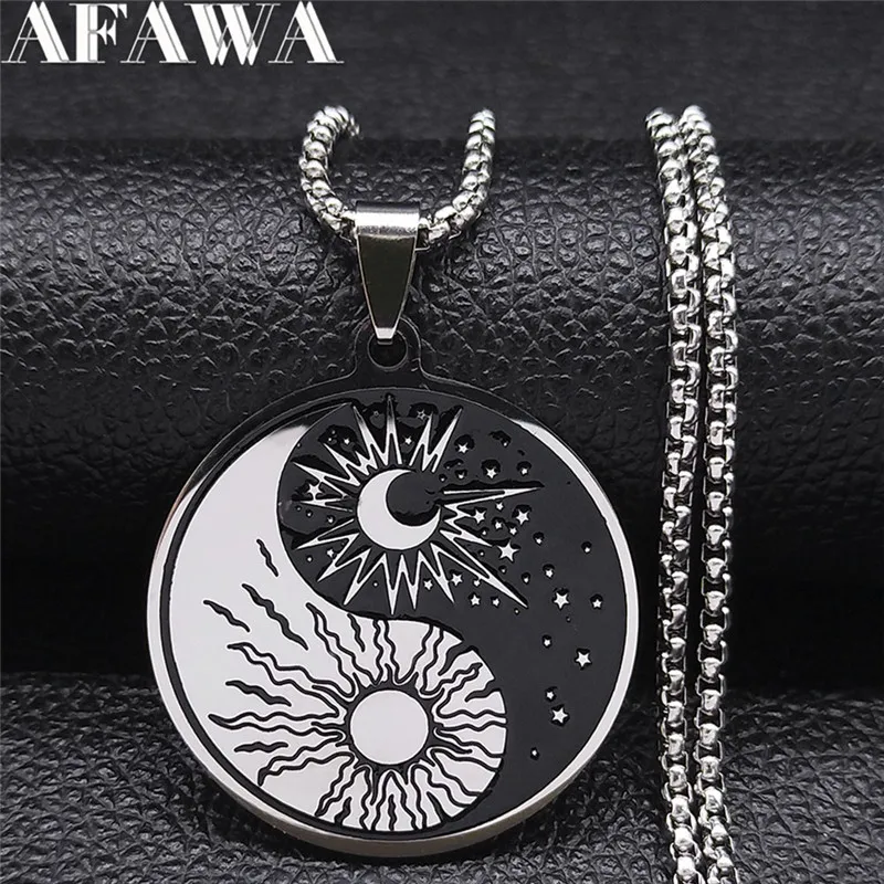 Stainless Steel Yin Yang Tai Chi Gossip Sun Moon Necklaces Chain for Women/Men Silver Color Necklaces Jewelry chaine collier