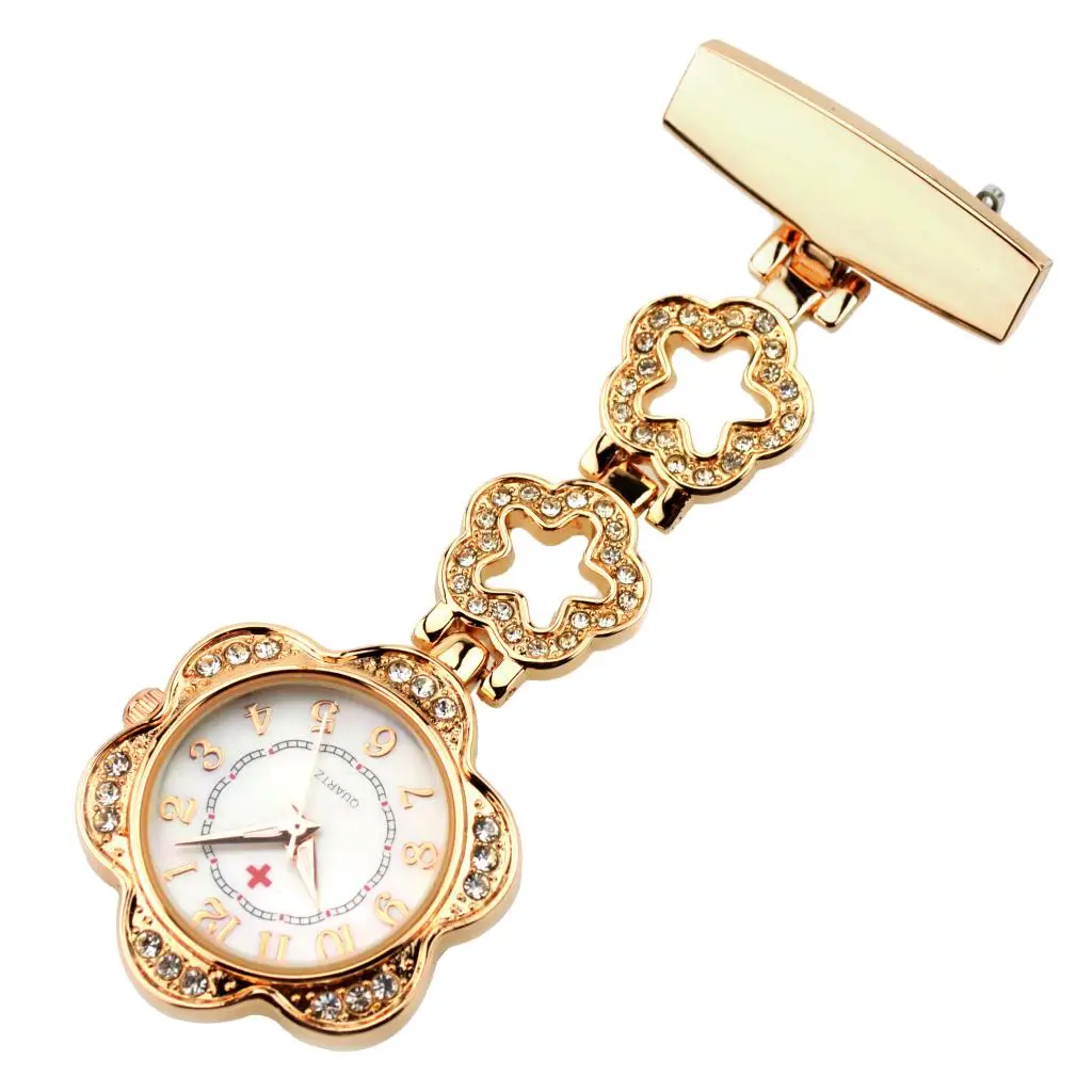 Nurse Nursing Chain Brooch Crystal Rhinestone Flower Pendant Fob Pocket Watch