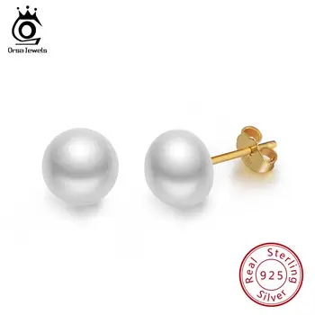 ORSA JEWELS Real 925 Sterling Silver Stud Earrings For Women Genuine Fresh Water Pearl 8 MM Gold-color Female Party Jewelry SE86