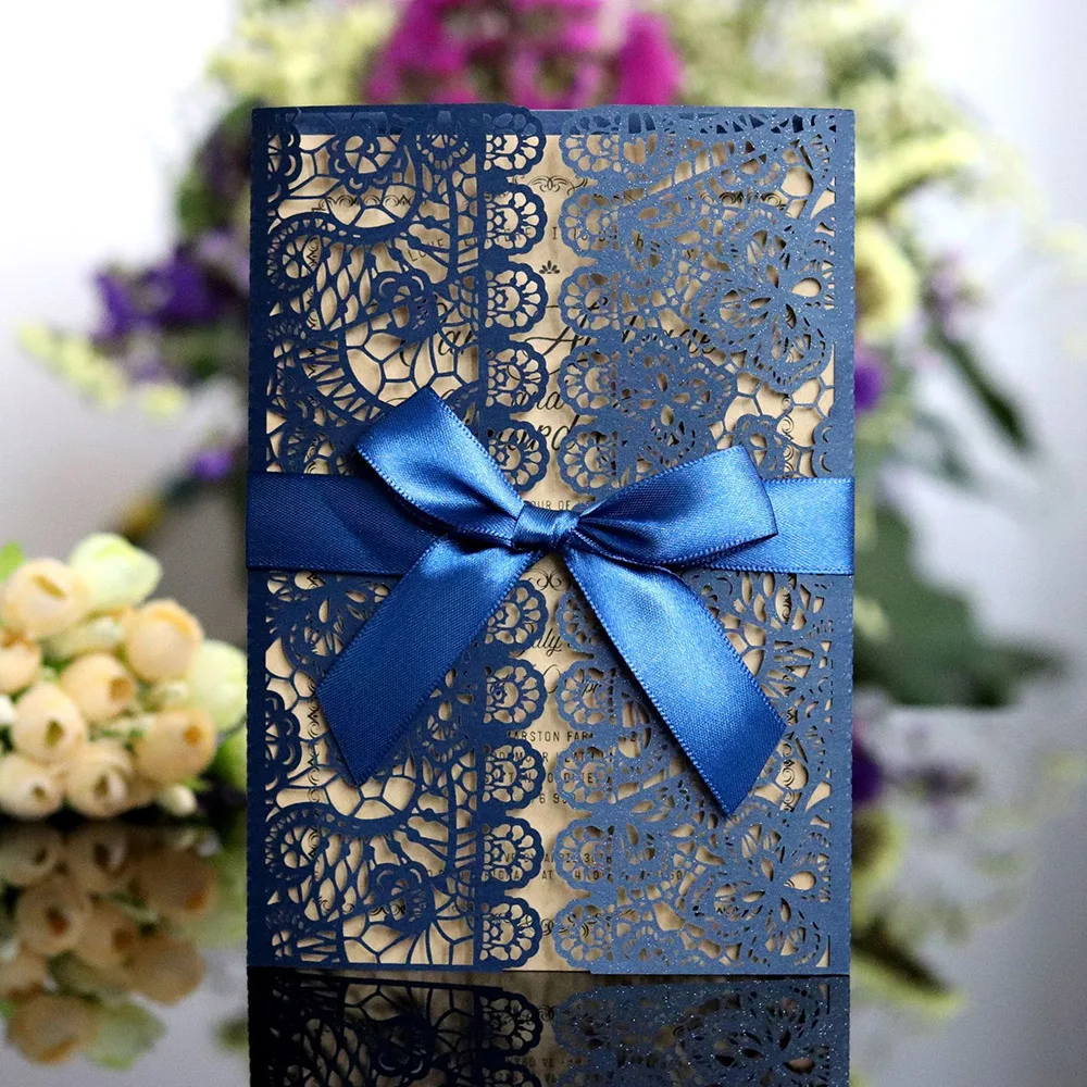  10pcs Luxury Elegant Flora Paper Envelopes Laser Cut Wedding Invitations Card With Ribbon Customize - 4.00027E+12