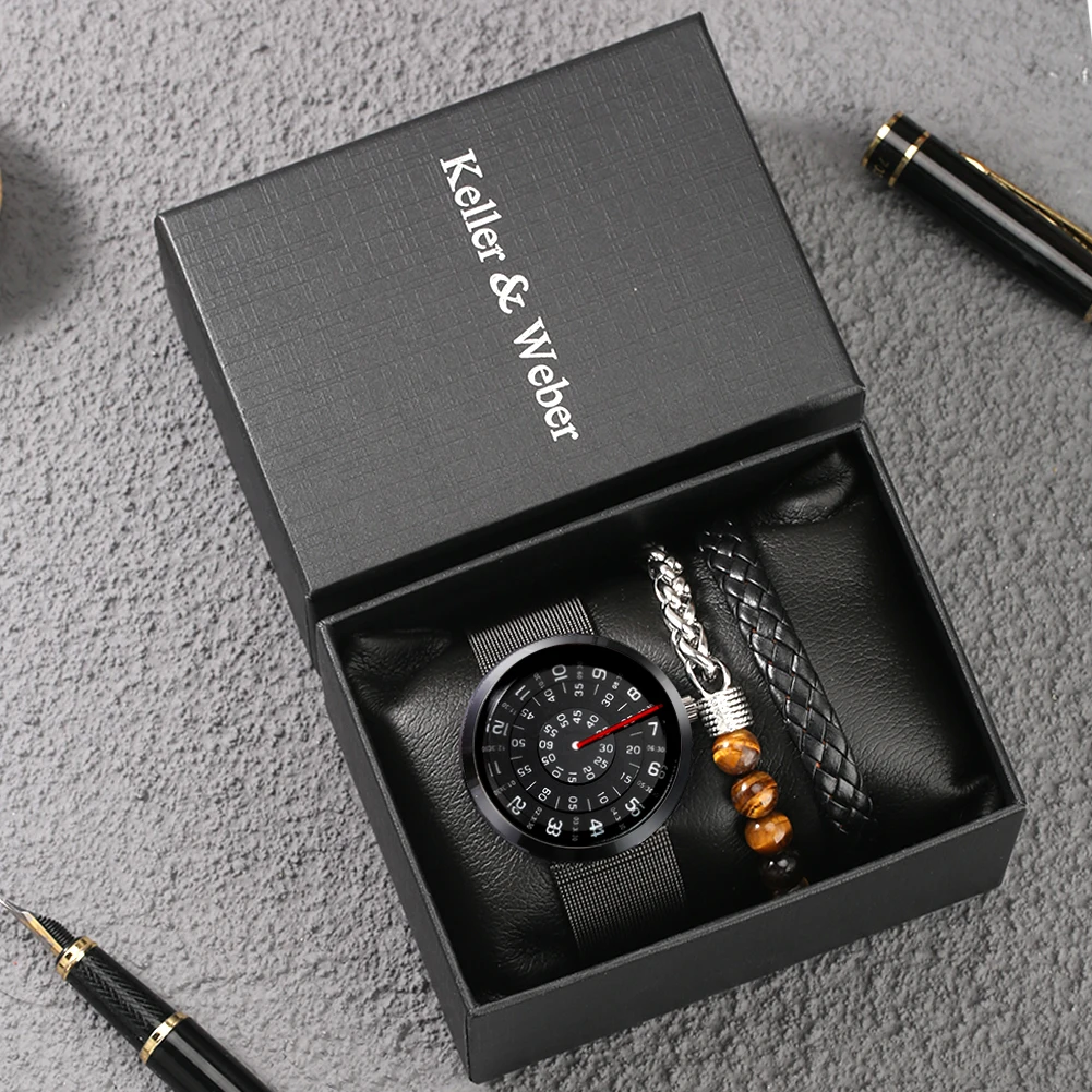 Classic Black Watch Bracelet Gift Set Men's Quartz Special Dial Watches Bracelets Exquisite Gifts with Box for Father Boyfriend