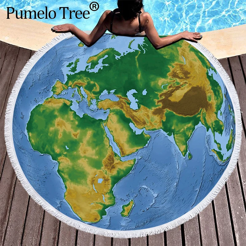 

World Map Printed Large Round Beach Towel Microfiber With Tassels Thick Terry Summer Swimming Towel Yoga Mat Bohemia Blanket