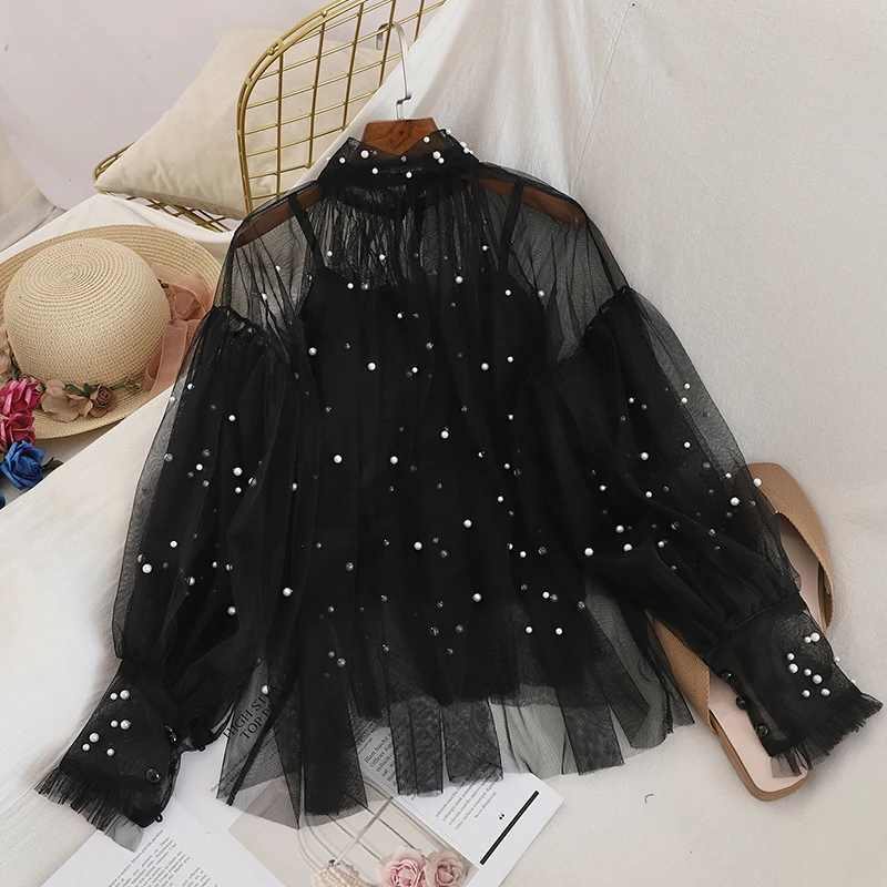 Новая модная Осенняя Женская милая блуза с рукавами-пузырьками и жемчужинами на пуговицах, женская элегантная сетчатая рубашка Блузы Топы - Цвет: Черный