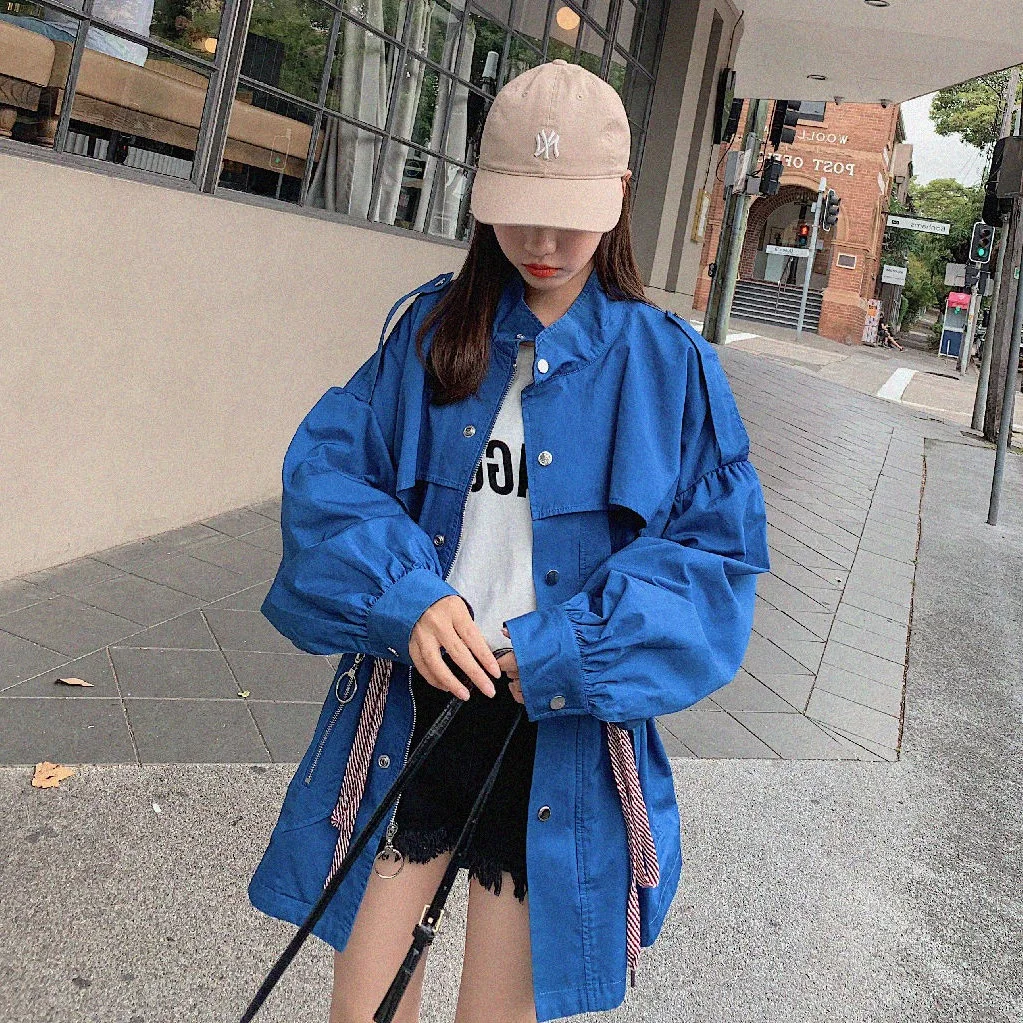 

Photo Shoot Dongdaemun Ulzzang Mo Blue Stand Collar Color Drawstring Waist Hugging Mid-length Workwear Trench Coat Women's