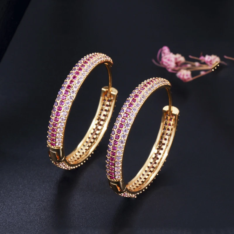 ThreeGraces Trendy Multicolor Cubic Zirconia Yellow Gold Color Circle Round Hoop Earrings for Women Fashion Party Jewelry ER321 | Украшения
