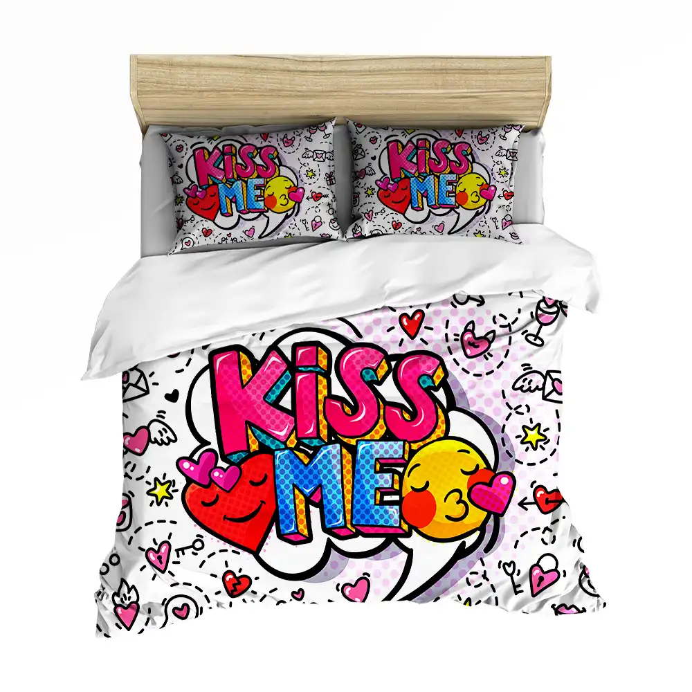 Kiss Me Lips Duvet Cover Pop Art Comic Style Bedding Microfiber