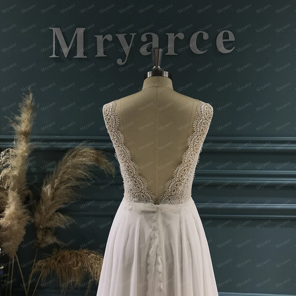 Mryarce Exquisite Lace Sleeves V Neck Chiffon A Line Wedding Dress Open Back Bridal Gowns 2