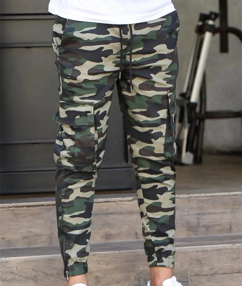 Camo cargobroek voor heren, elastische taille broek met trekkoord en meerdere zakken, outdoor wandel- en campingbroek, casual joggingbroek voor wandelen of dagelijks gebruik, ademend en licht, Wit, L
