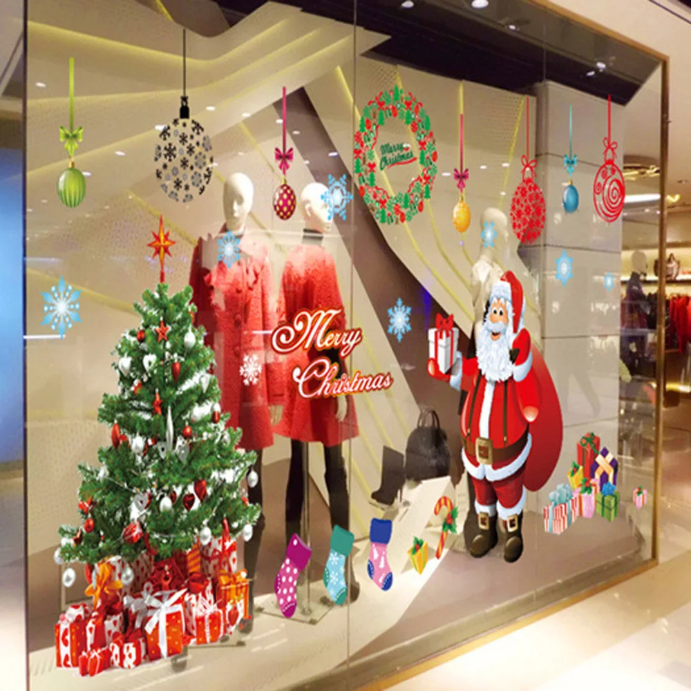 

Christmas window sticker winter Wall Sticker Set Christmas Santa PVC Transparent xmas Home Shop Decoration stickers