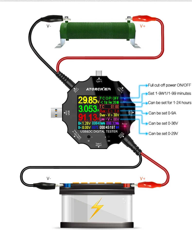 UD18 bluetooth цифровой вольтметр USB3.0/DC/Тип-C 18 в 1 взаимный обмен данными между компьютером и периферийными устройствами тестер приложения DC Вольтметр Амперметр HD Экран 6-Bit Дисплей