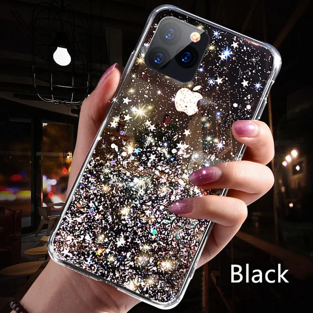Блестящий блестящий чехол с блестками для iphone 8, 7 Plus, 6, 6 S, эпоксидные прозрачные чехлы со звездами для iphone X, XR, XS, MAX, 11 Pro, мягкий чехол из ТПУ - Цвет: black