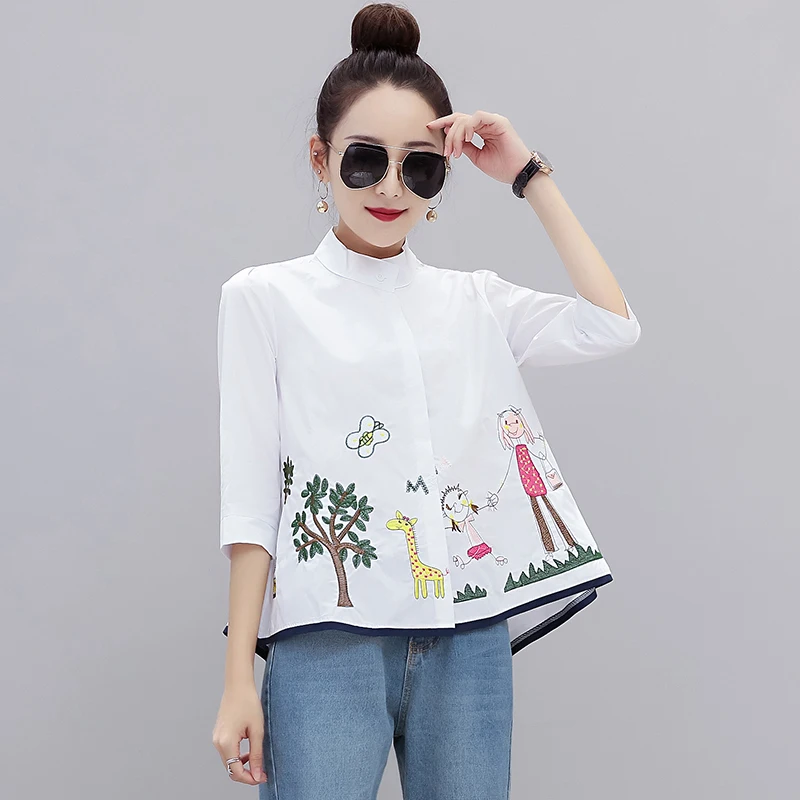Ladies top Korean spring chiffon shirt wild stand collar seven-point sleeve embroidered A-line doll shirt top