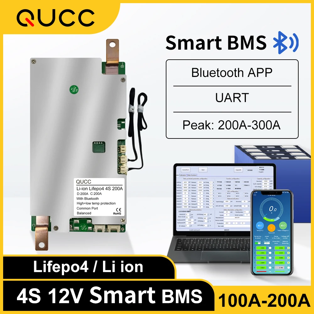 Qucc Lifepo4 Smart Bms 4S 200 А 150 120 100 12 В хранилище солнечной энергии RV балансировка литиевой