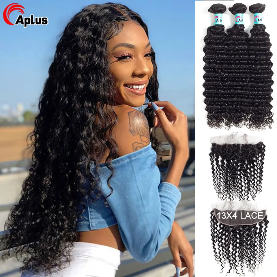 

3 Bundles Brazilian Deep Wave Bundles With Frontal 100% Human Hair Bundles With 13*4 Ear to Ear Lace Closure Remy Hair Aplus
