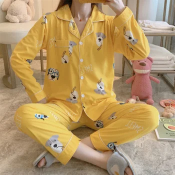 

HaloSweet 2020 New Pajamas Women Sleepwear Long Sleeves With Pants Two Pieces Home Wear Button Pijamas Nightwear Nighty Cotton